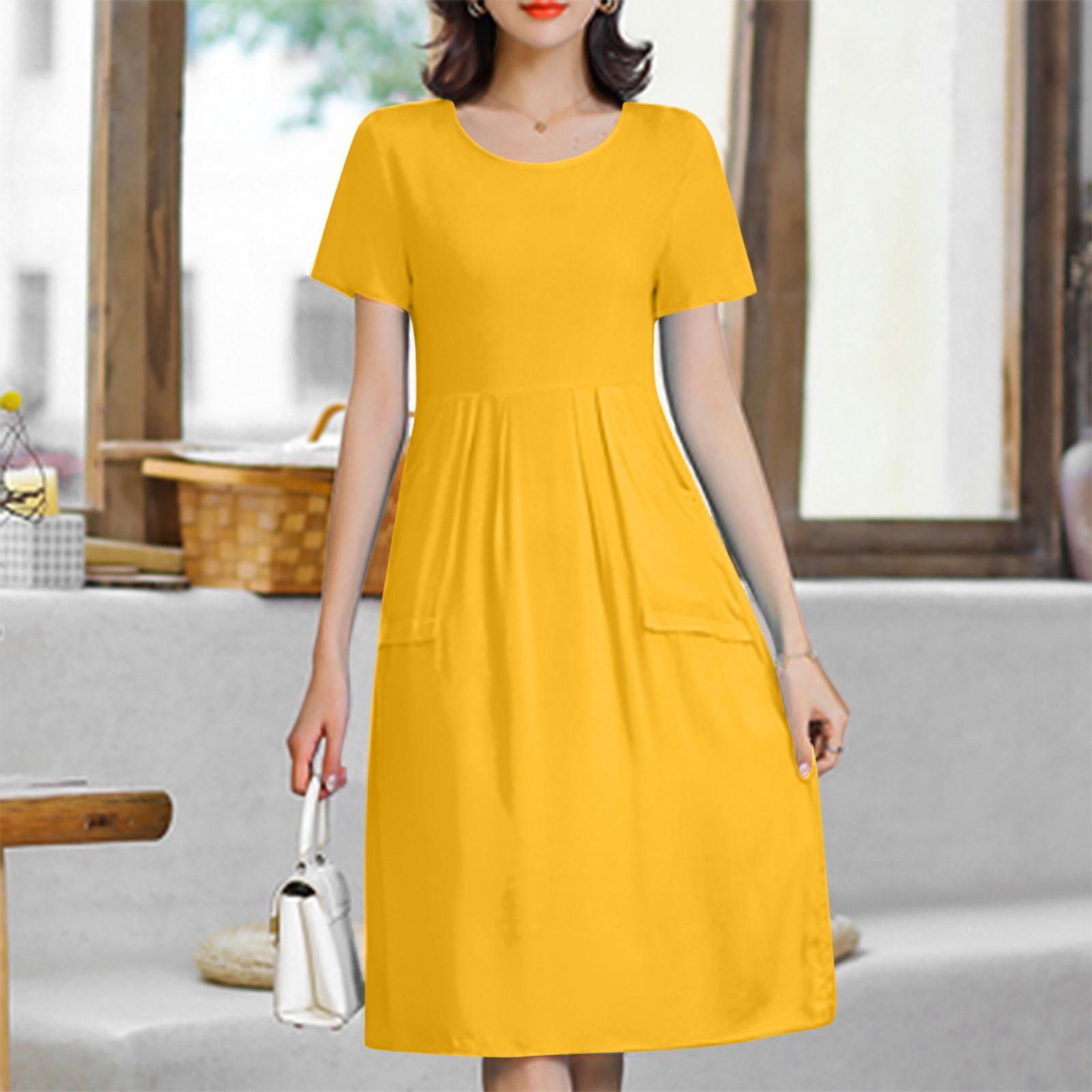 

Women s Fashionable And Trendy Round Neck Loose Short Sleeved Solid Color Dress In Plus Size XL жовтий