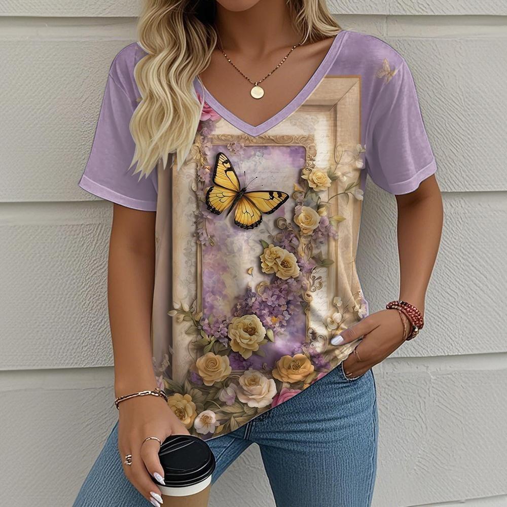 Fashion Flower Floral 3D Print T-Shirts Women's Streetwear V-Neck T Shirt Tee Tops Oversized Harajuku Oversized Female Clothing