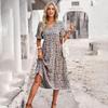 Damen Sommer Blumenmuster Kurzarm Hohe Taille A-Linie Urlaubs Kleider Hals