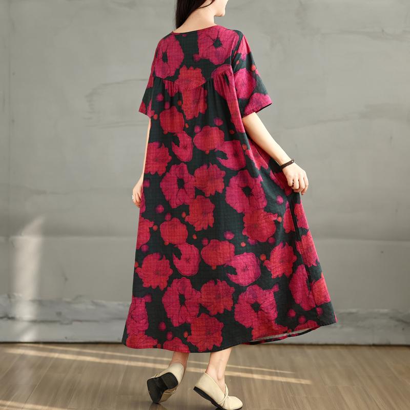 DIMANAF 2025 Übergröße Sommerkleid Damen Lässig Vintage Langes Kleid Blumendruck Lockeres Hemdkleid Maxi