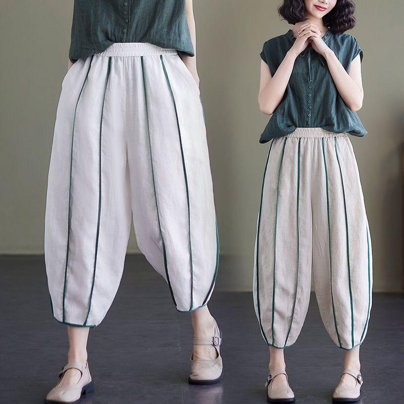 Literary and Art Retro Cotton and Hemp Pants Summer Leisure Women's High Waist Lantern Pants Large Size Nine Fen Haren Pants
