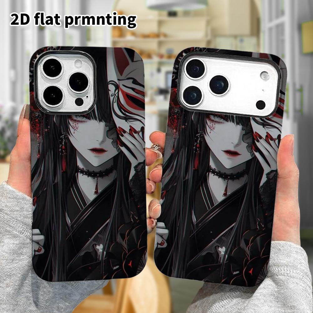 Phone Case: 2D flat, fits iPhone 18, 17, 16, 15, 14, 13, 12Pro protective case, dark fox-faced girl, perfect Christmas and Halloween holiday gift