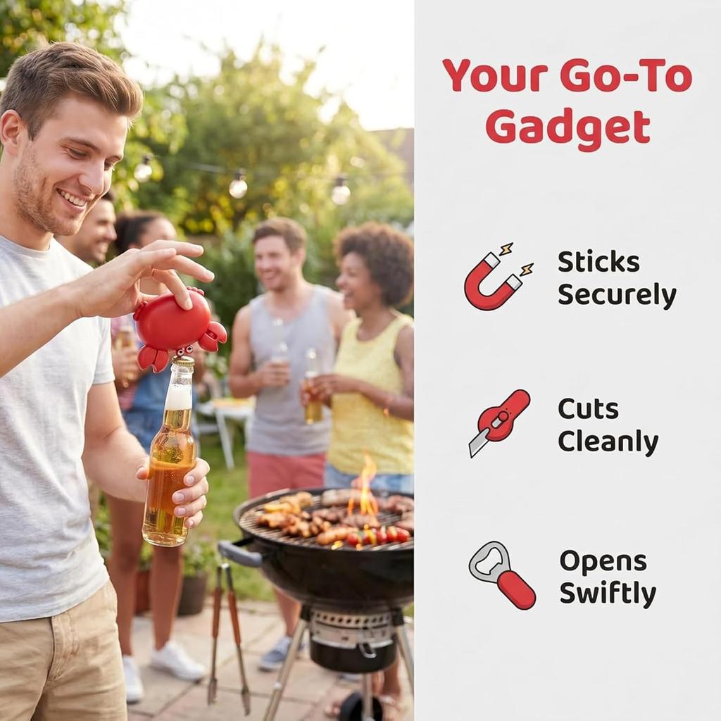 Crab Multifunctional Bottle Opener, 4-in-1 Magnetic Refrigerator Magnet with Scissors, Box Cutter&Bottle Opener, Cute Crab Magnetic Beer Bottle Opener