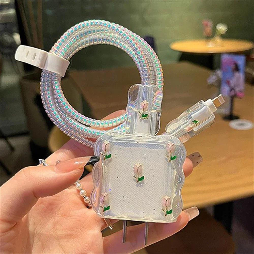 Cute 3D Metal Tulip Glitter USB Cable Protector Cover for IPhone 15 14 13 18W-20W Data Line Bite Head Cord Fast Charging Case