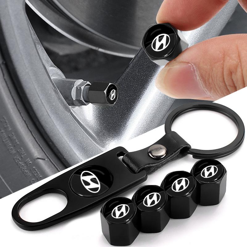 Fashion Car Tire Valve Caps with Car Badge Keyring Keychain Set For Hyundai I30 Tucson Veloster Kona I10 I35 Elantra Santa Fe Decor