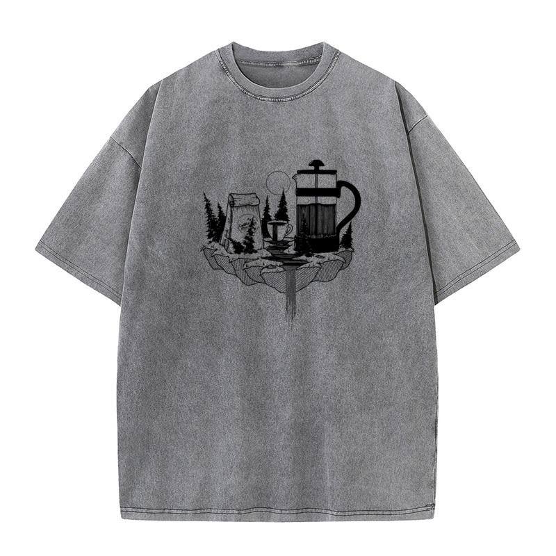 Forest Coffee O Neck Washed Retro T Shirts Christmas Casual Tops Tees Short Sleeve Family Pure Cotton Washed T Shirts Mens