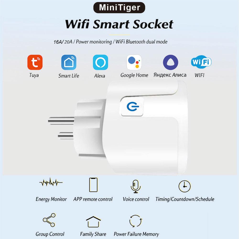 Tuya WiFi Smart Socket 16A/20A with Power Metering, Supports Alice, Remote Control Via Mobile APP, European Standard Plug.