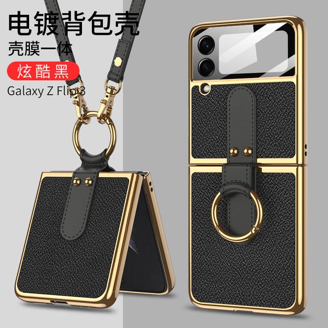 Phone Case For Samsung Galaxy Z Flip3 /4 5gcase Ring Holder Stand Crossbody Shoulder Strap Silicone Anti -Scratch Shookproof Cover