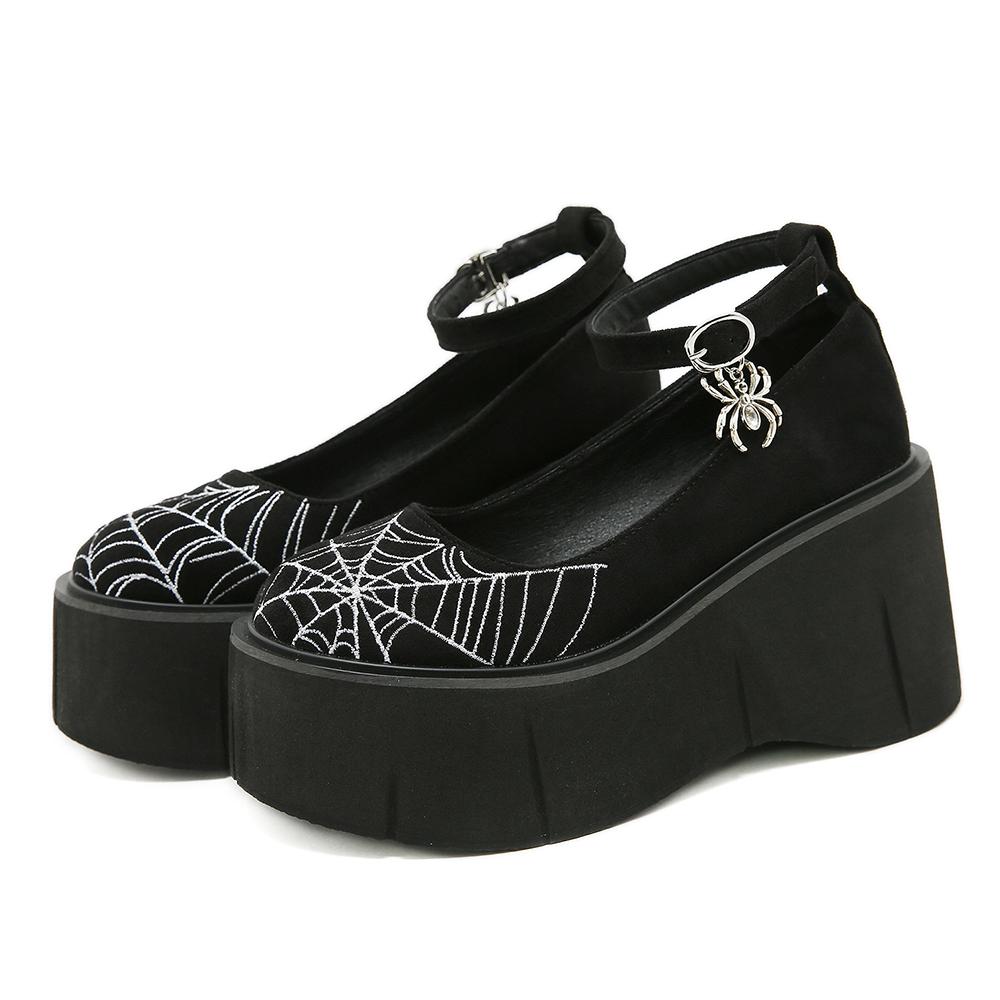 

Gdgydh Embroidered Web Wedge Heeled Shoes for Women Buckle Strap Platform Mary Jane Cosplay Shoes Goth Style School Shoes 42
