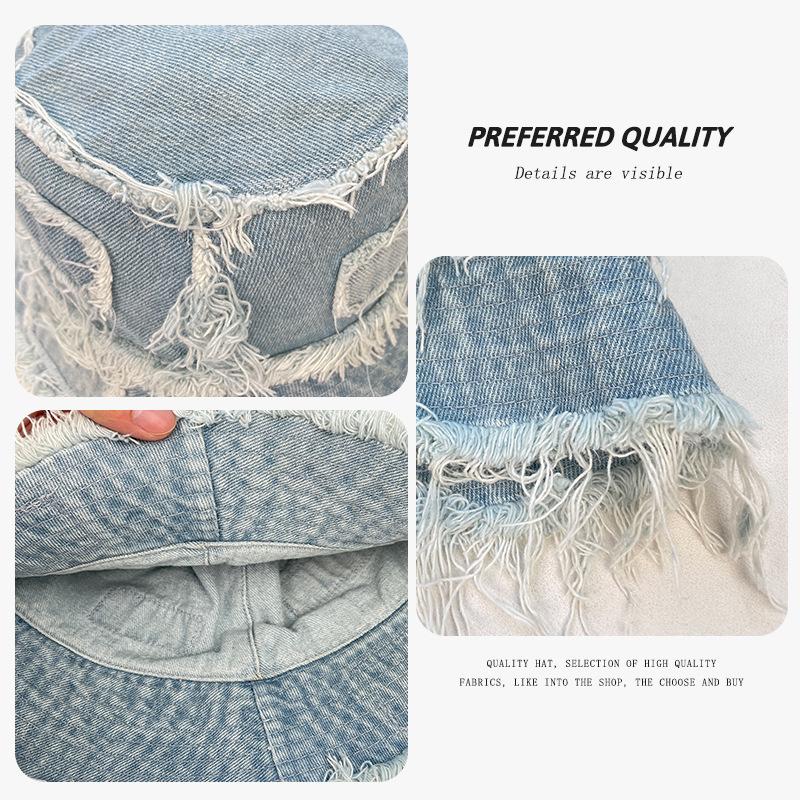 Niche design denim bucket hat spring and autumn versatile edging splicing sun hat showing face small sun protection hat