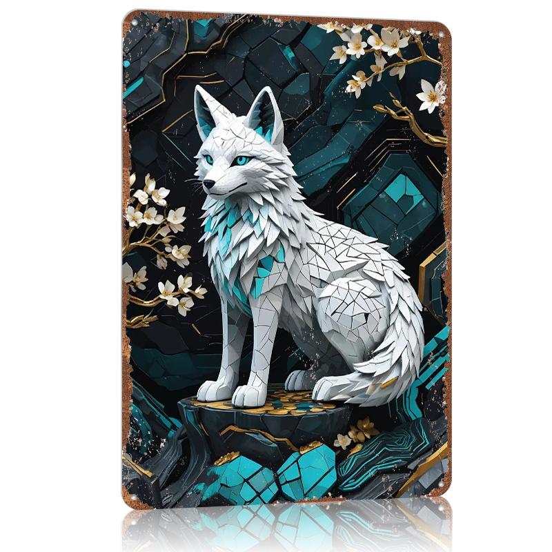 White Kitsune Kintsugi Metal Poster Tin Sign Wall Art Customizable Metal Signs for Home Decoration Room Decor Bar Accessories