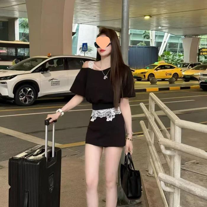 Korean Style Sporty Grey Lace One-Shoulder Top & Skirt Set - 2026 Summer Trendy Women s Two-Piece Extra Large