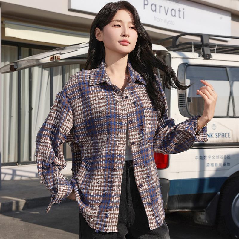 Checkered Shirt for Women In Spring Autumn with Holes The High Street Rugged Handsome Loose Casual Top Vintage Fashionable Outerwear Blouses & Shirts