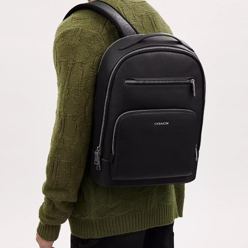 Coach Black Pebbled Leather Large Slim Backpack with Silver Hardware for Daily Use