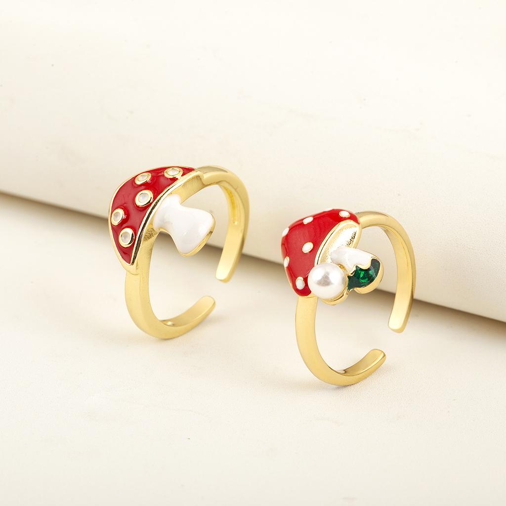 Nidin New Style Mushroom Shape Inlaid Zircon Pearl Enamel Drip Opening Adjustable Rings For Women Girl Cute Sweet Finger Jewelry