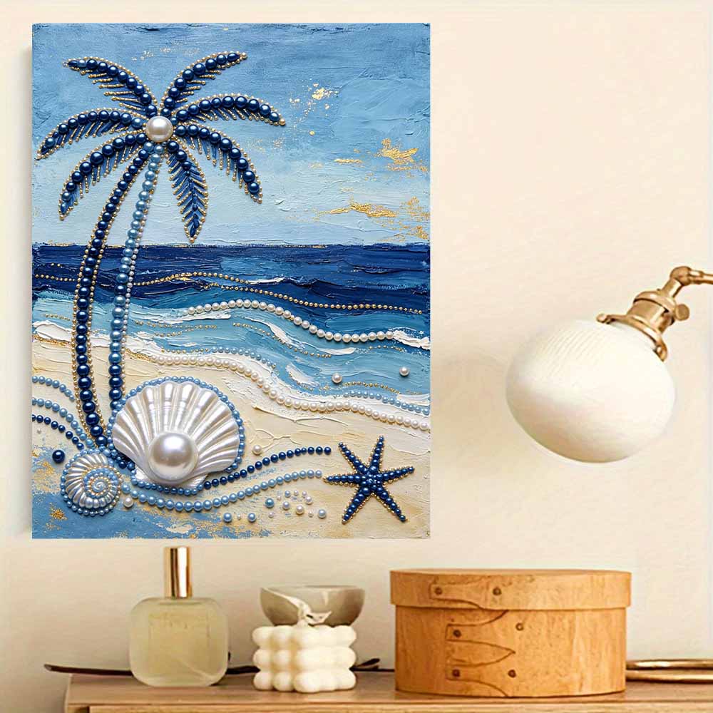Frameless Pearl Painting DIY Kit Ocean Beach Palm Tree Seashell Starfish 3D Sparkling Bead Canvas Relaxing Creative Craft for Art Lovers