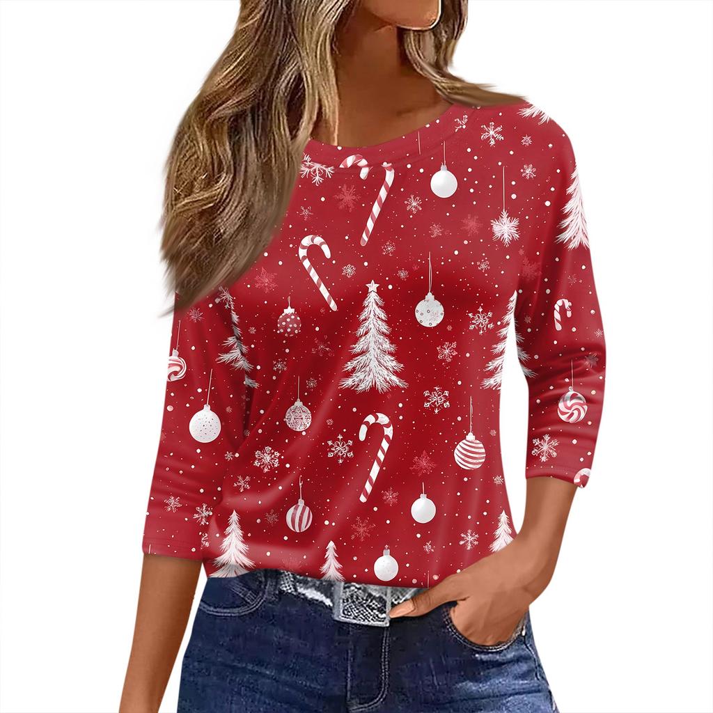 Women's T Shirt Christmas Print 3/4 Sleeve Daily Weekend Fashion Basic Round Neck Regular Top