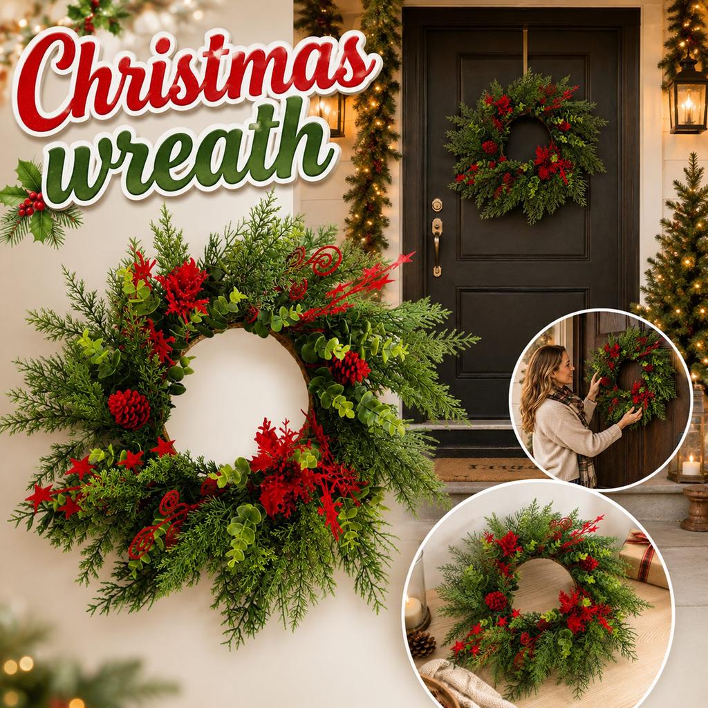 Artificial Flocked Christmas Wreath with Red Berries and Needle Twig - Hanging Decor for Door Wall Window, 55cm