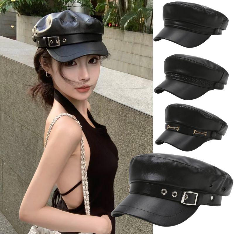 Black PU Leather Newsboy Cap for Women British Style Trendy Flat Visor Outdoor Sun Protection Hat