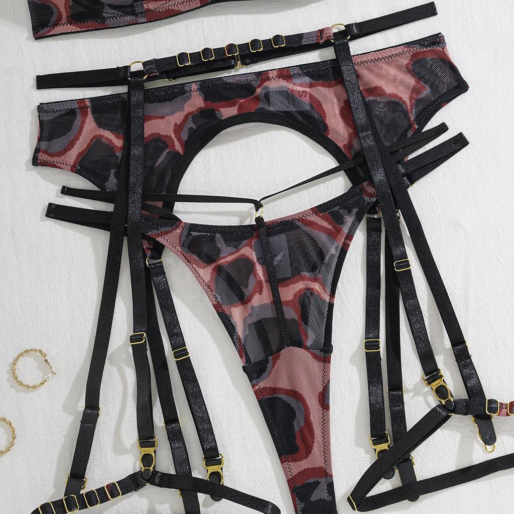 Sexy Women's Bra Set Leopard Print Ultra-Thin Lingerie Set Bra & Panty Garter Belt Set
