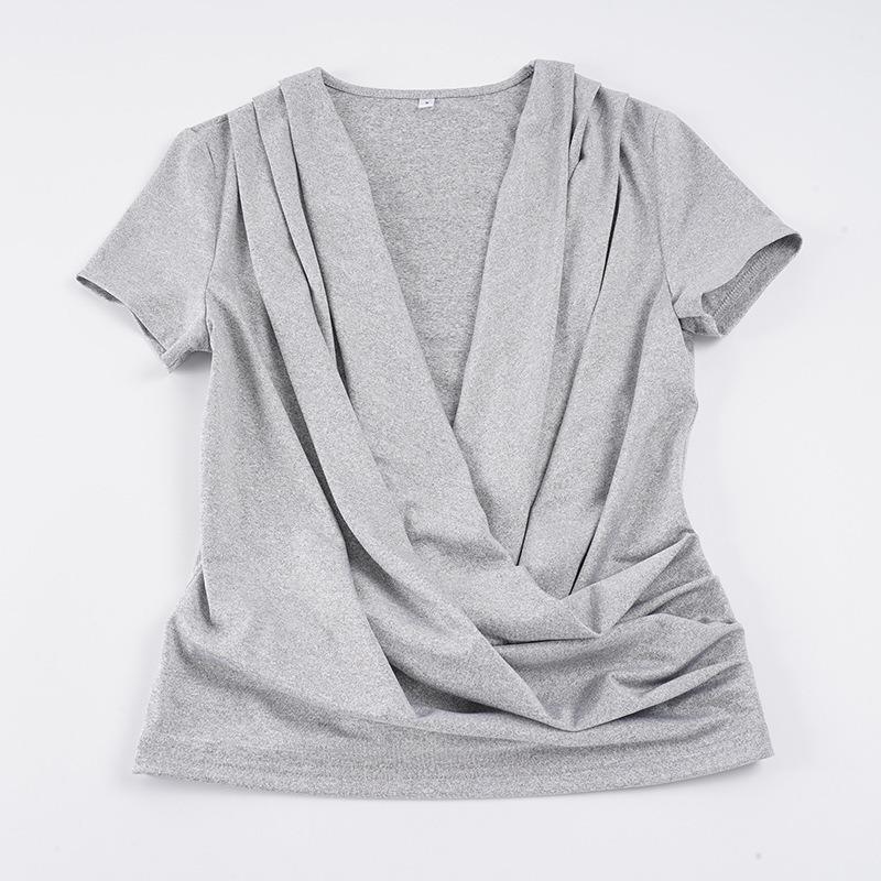 Sexy Deep V Neck Pleated Solid Short Sleeve T Shirt For Women