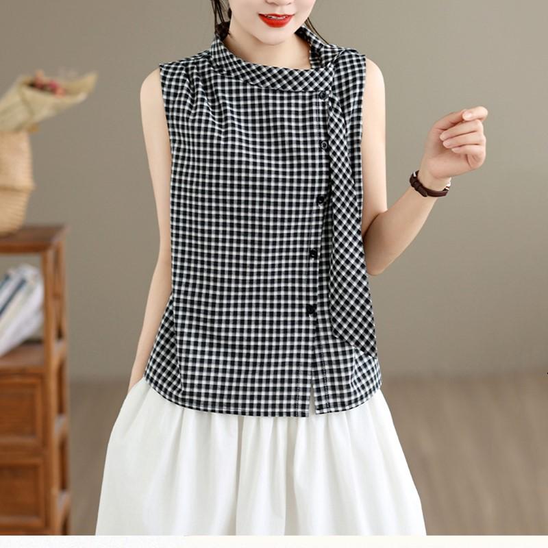 Blusa a quadri in cotone vintage senza maniche Oversize Canotte estive casual larghe Camicia da donna con bottoni