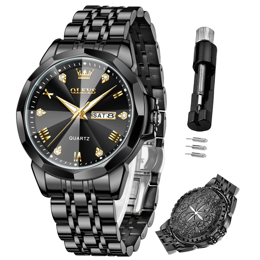 OLEVS Quartz Fragrance Stainless Date Brand Black Men's Watch, Steel, Waterproof, Display, Calendar, Luminous, Popular, Stylish, Name,