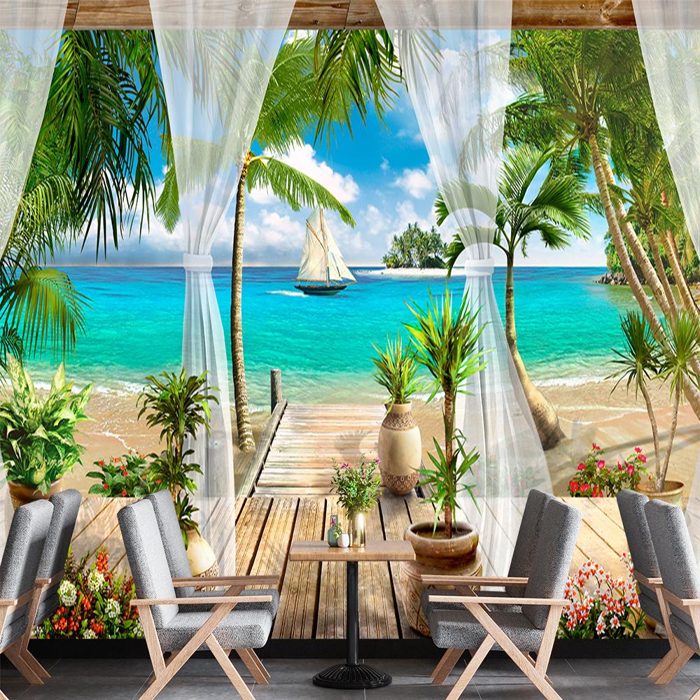 Tropical Sea Wall Mural Beach View Wallpaper Blue Ocean Island Palm Trees Mural
