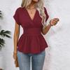 V-neck Fitted Pure Color Shoulder-sleeved Pleated Skirt with Gathered Hem and Short Sleeves for Women