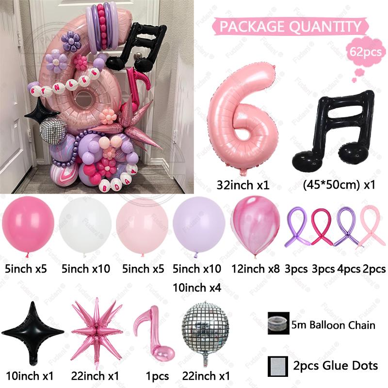 

62Pcs Pink Music Note Theme Digital Balloon Girl Birthday Party Balloon Set Baby Shower Globos Photography Props other