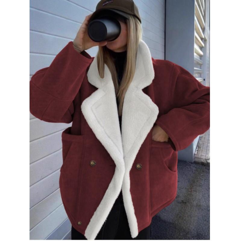 Kadın Bol Kesim Sıcak Vintage Shearling Kaban Sonbahar/Kış İçin Kalın Kabarık Eklemeli Büyük Yaka Kabanlar Bayan Sokak Ceketleri