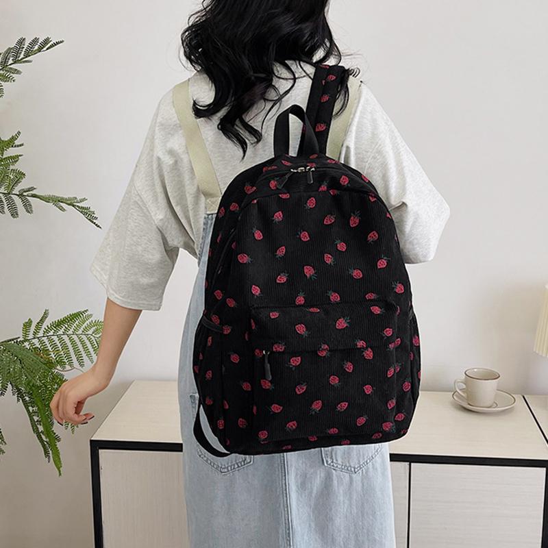 Cord Rucksack mit Erdbeermuster Lässiger Reiserucksack Große Kapazität Mode Teenager Tagesrucksack Verstellbarer Riemen für Outdoor-Reisen AVE
