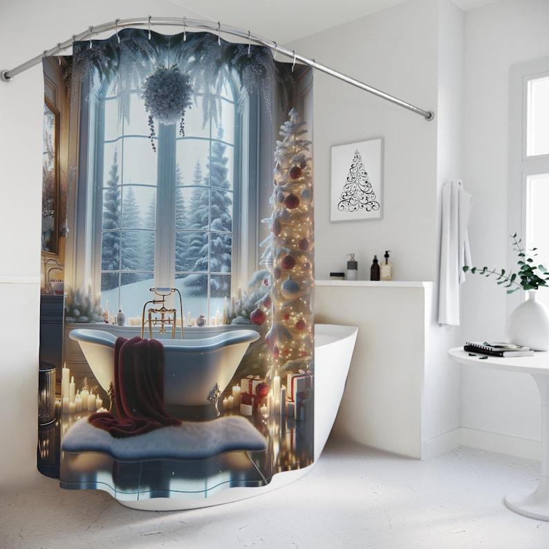 Luxury Christmas Winter Wonderland Shower Curtain, Romantic Festive Bathroom Accessory with Elegant Holiday Decor