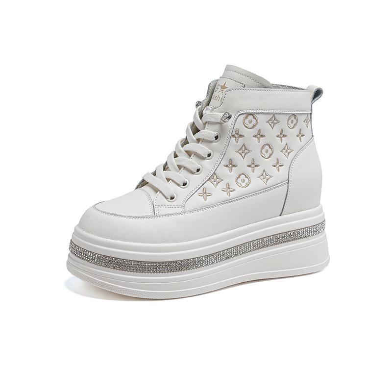Women's White Rhinestone Print Height-Boosting Platform Sneakers