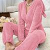 Women's Bear Ear Hooded One-piece Pajamas V-neck Long Sleeve Loose Casual Long Pants Loungewear Fall Winter  For Europe & America