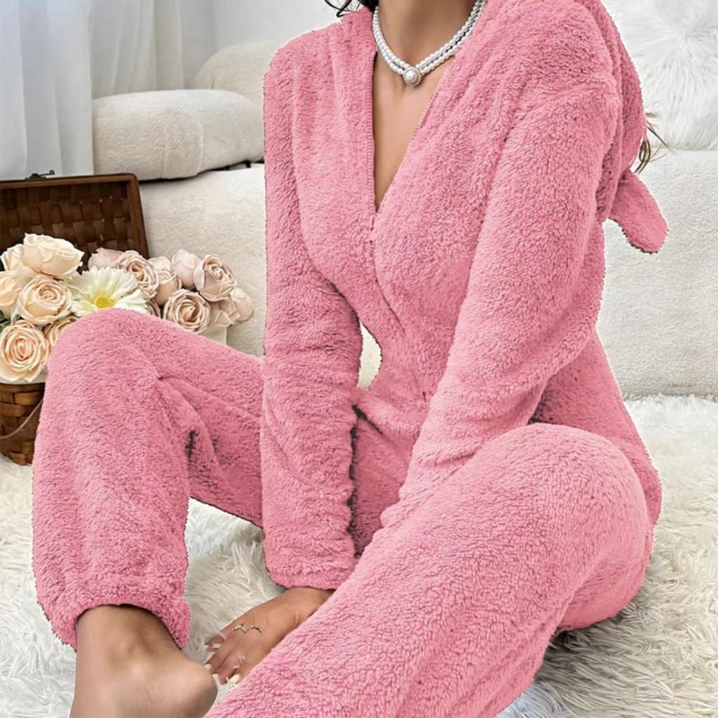 Women's Bear Ear Hooded One-piece Pajamas V-neck Long Sleeve Loose Casual Long Pants Loungewear Fall Winter  For Europe & America