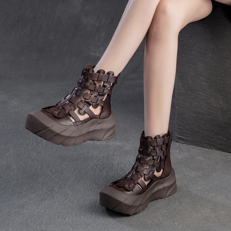 Johnature Cizme de vară țesute manual și respirabile, din piele naturală, retro, confortabile, cu talpă groasă, pantofi de damă