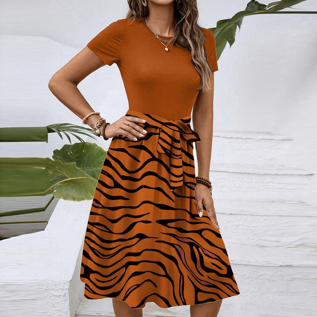 Dámské módní retro vzorované tištěné barevně blokované šaty