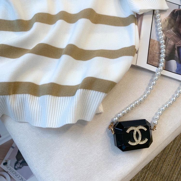 Damen Gestreiftes V-Ausschnitt Kurzarm Eisseide Stricktop