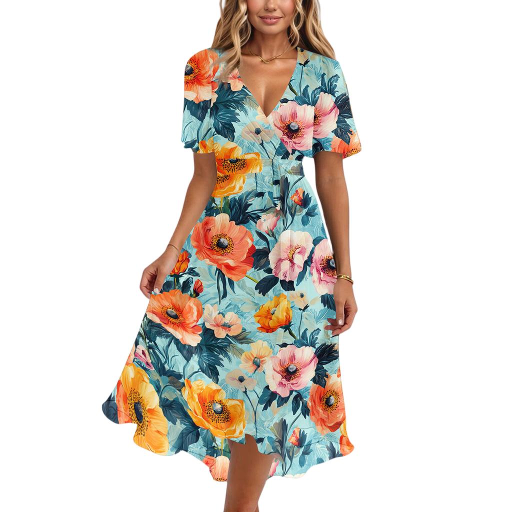 Women V Neck Short Sleeve Casual Dress Vintage Floral Print Midi Dress with Wrap Style and Flared Hem Suitable for Daily Wear