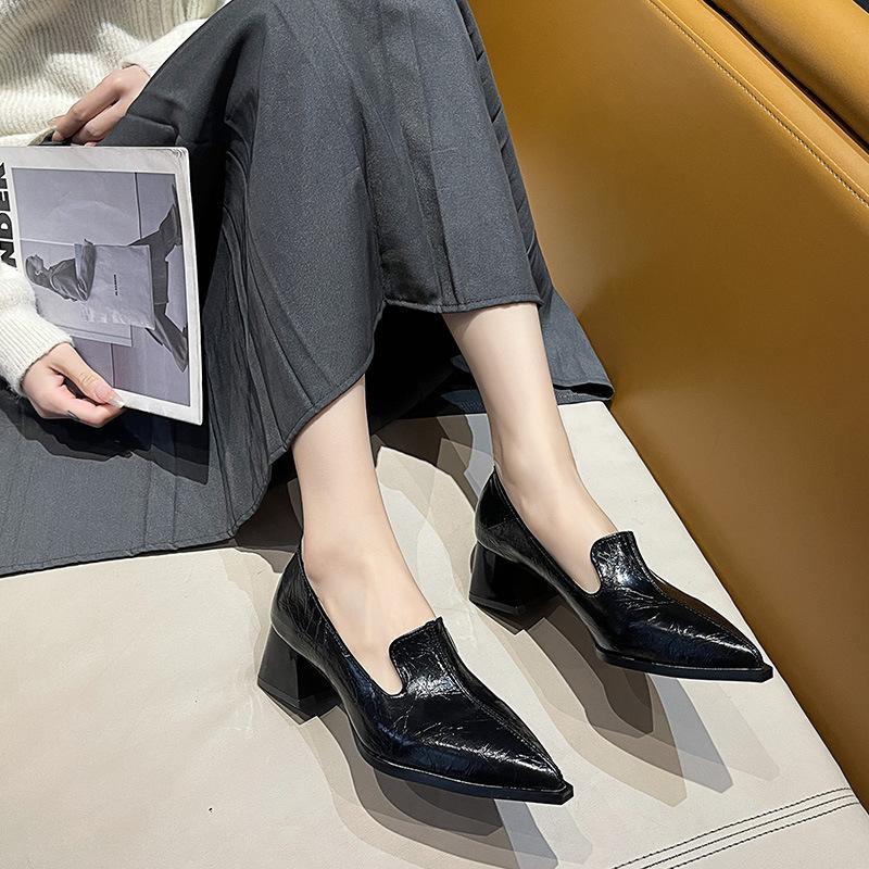 Wind small leather shoes pointed thick heel new spring versatile style single shoes women