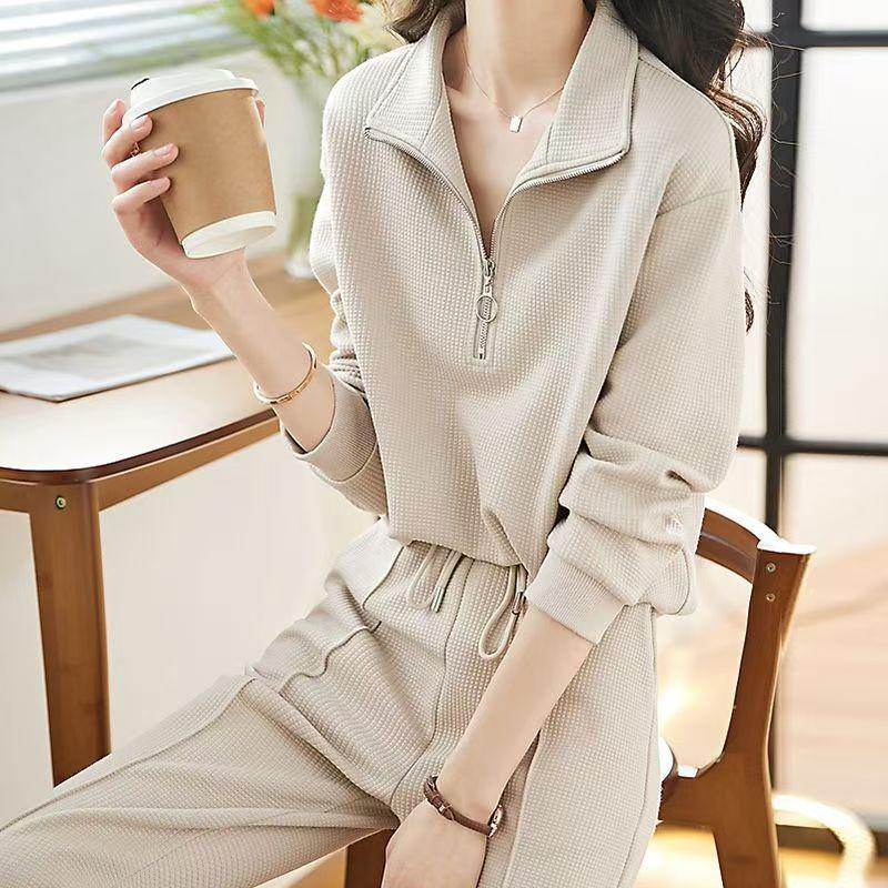 

Women s Trendy Autumn Two-Piece Set: Elegant Collared Long-Sleeve Sweatshirt and Casual Pants 2XL