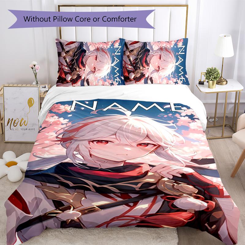 3pcs Custom Name Cartoon Genshin Impact Manye Bedding Set Duvet Cover Closure Includes 1 Duvet Cover & 2 Pillowcases for All Seasons Bedroom Decor