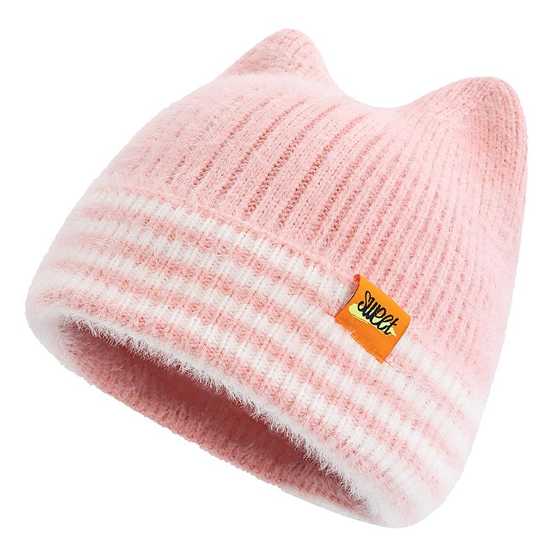 

Новая Милая Шляпа Денди Шапка-Бини с Кошачьими Ушками Сладкие Зимние Шапки для Женщин Уличный Y2K Конфетные Цвета Полоски Теплые Шапки для Девочки 54cm-58cm розовый