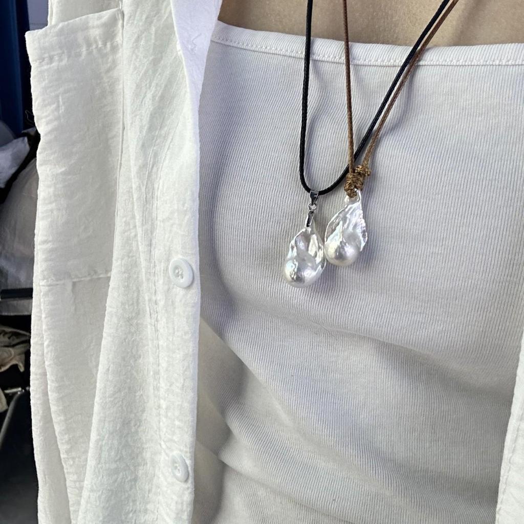 Adjustable Leather Cord Necklace with Freshwater Pearl & Baroque Fishtail Pendant
