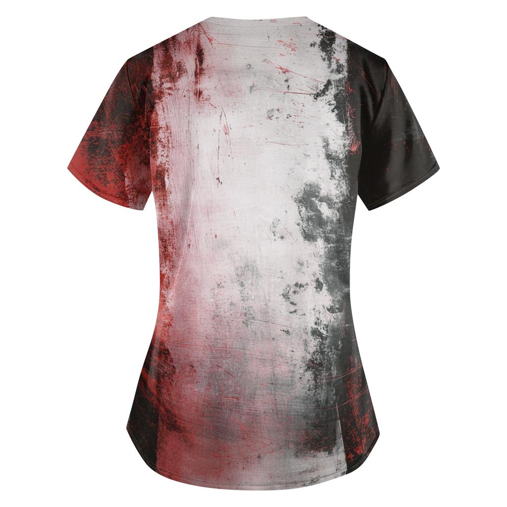 Women Halloween Print Loose Fit V Neck Short Sleeve Medical Scrub Top with Pockets Casual Workwear Uniform for Healthcare Professionals