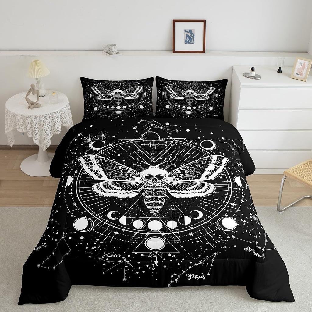 Gothic Decor Comforter Set Twin Size Boys Boho Moth Down Comforter Men Gothic Sugar Skull Comforter Galaxy Starry Sky Halloween Gothic Beddi