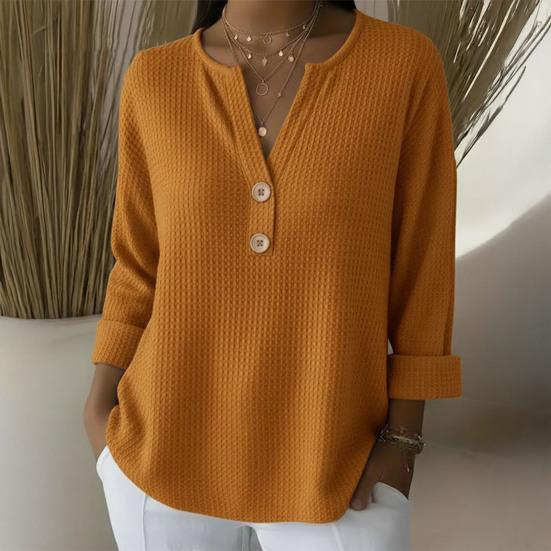 Damtoppar V-ringning Knappar Halvknäppning Långärmad Pullovertoppar Enfärgad Lös passform Våffelstruktur Mjuk Stretchig Vardagstoppar