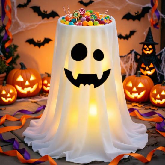 Decoração de Halloween Yousheng com Luz LED de 8 Modos com Controle Remoto, Tigela de Doces Fantasma com Suporte de Tripé, Porta-Doces Fantasma Fofo para a Frente