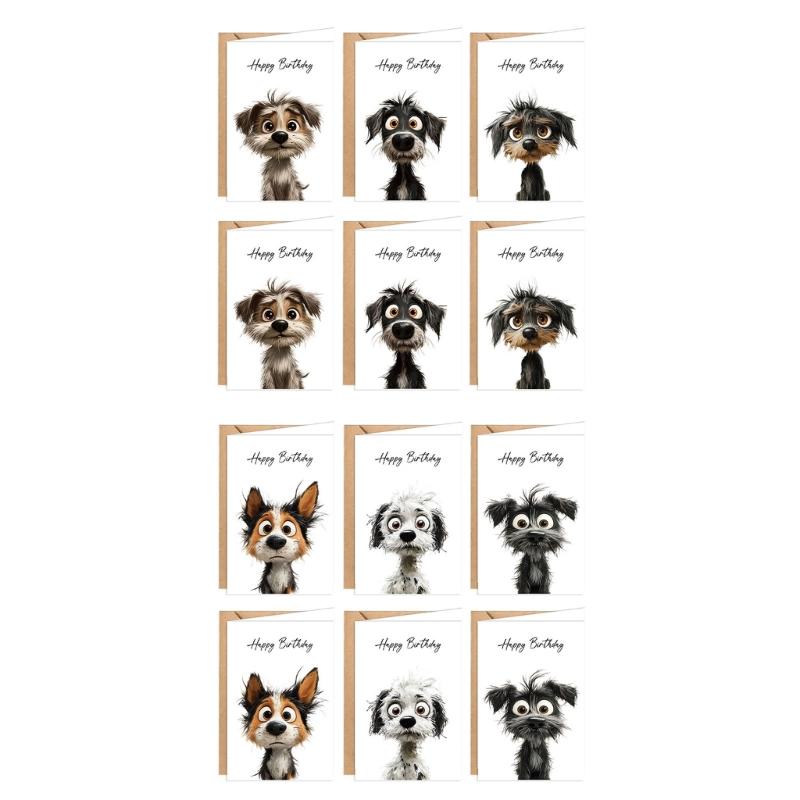 12Pcs Cartoon Dog Birthday Greeting Card Party Invitation With Envelope For Husband Wife Adult Children Anniversary